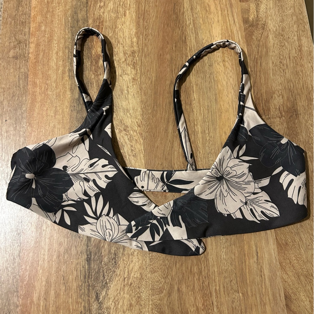 Stone Fox Swim Black and Beige Floral Bikini Top